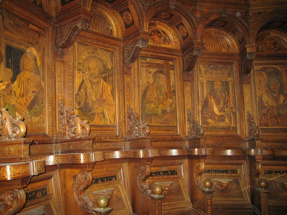 Bartolomeo de Polli, Dettaglio del coro ligneo intarsiato (1486-1497), della Certosa di Pavia.