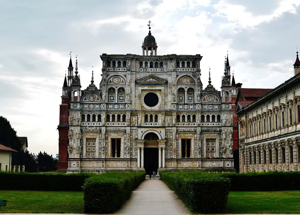 Facade of the Carthusian Monastery Church of Pavia, Certosa di Pavia, Province of Pavia, Region of Lombardy, Italy